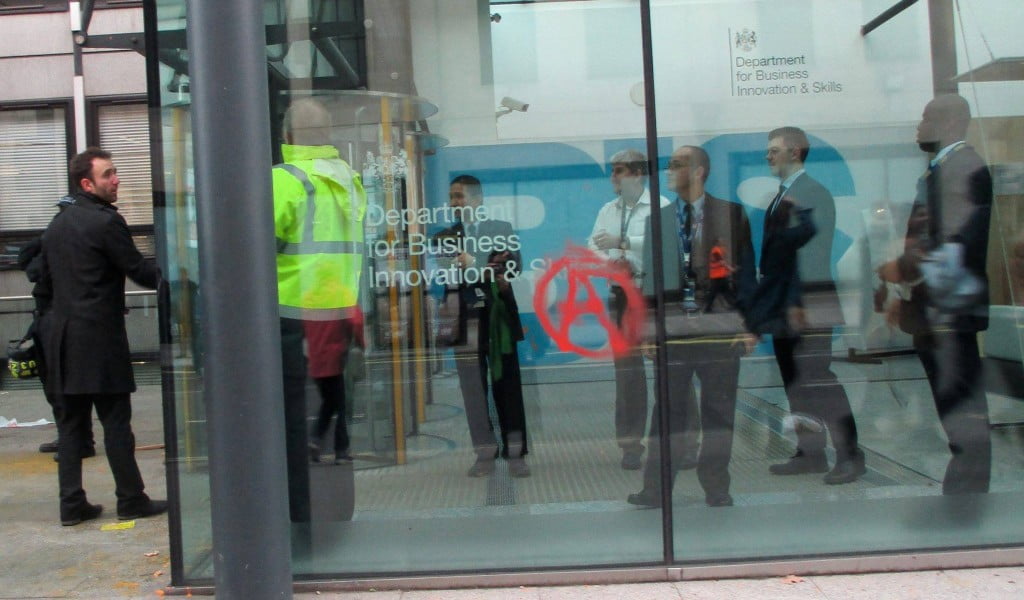 A statement of intent on the window of the Department of Business, Innovation and Skills. Photo: Jon Bigger