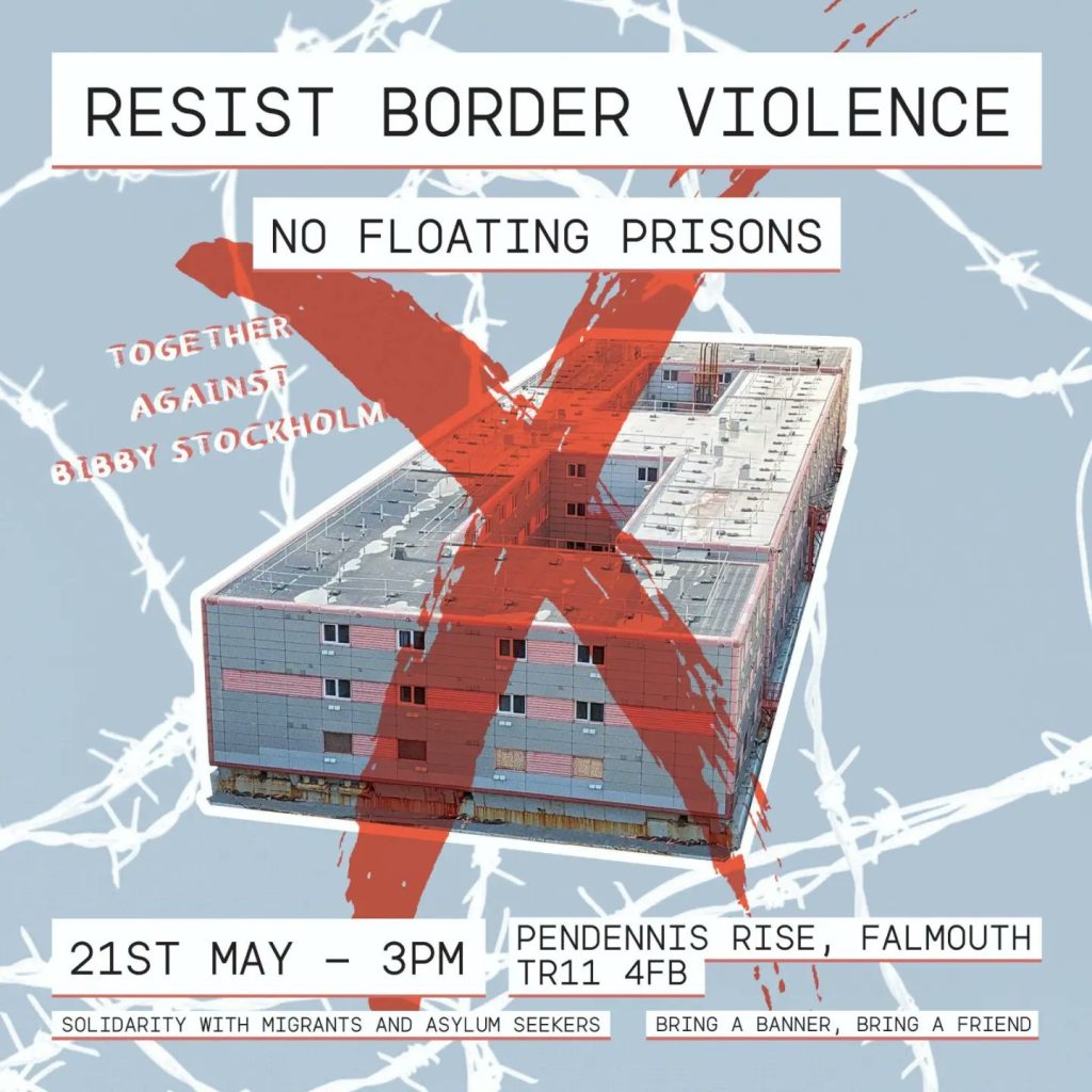 the floating prison is crossed out with a banner reading RESIST BORDER VIOLENCE