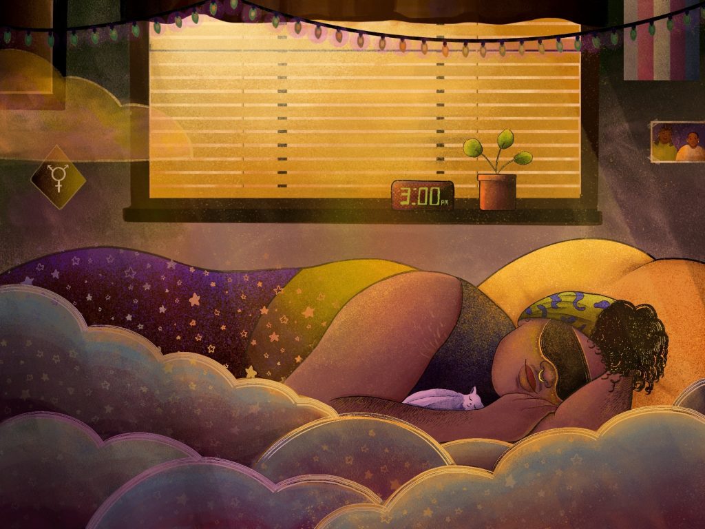 A person with hypersomnia sleeps contentedly on a bed.