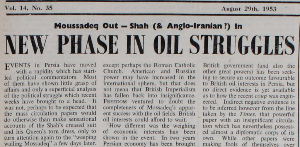 ‘New Phase in Oil Struggles’ - Freedom front page article, 29th August 1953