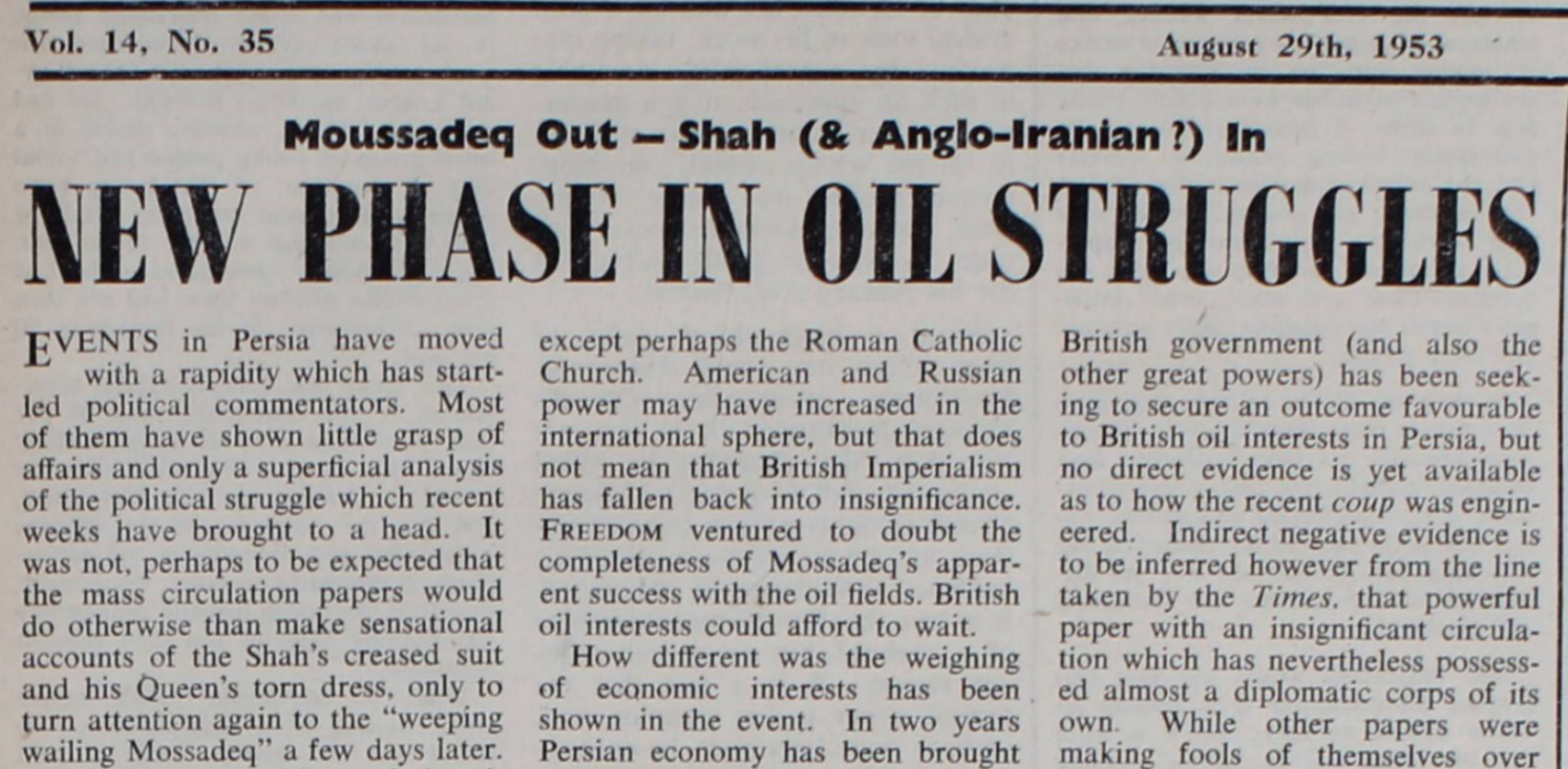 ‘New Phase in Oil Struggles’ - Freedom front page article, 29th August 1953